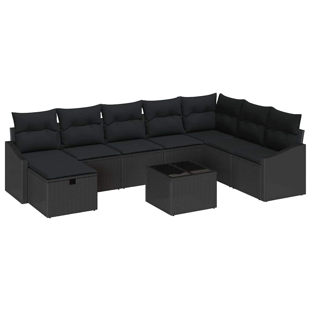 Set Divano da Giardino con cuscino 9 pcs Nero Poly Rattan | homemem39