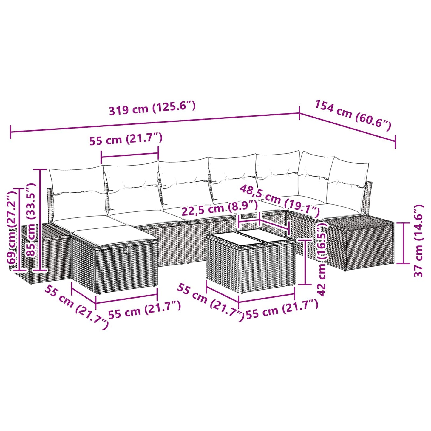 Set Divano da Giardino con cuscino 8 pcs Marrone polyrattan