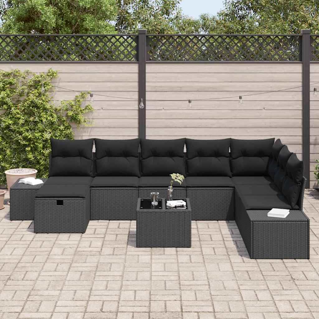 Set Divano da Giardino con cuscino 9 pcs Nero polyrattan | homemem39