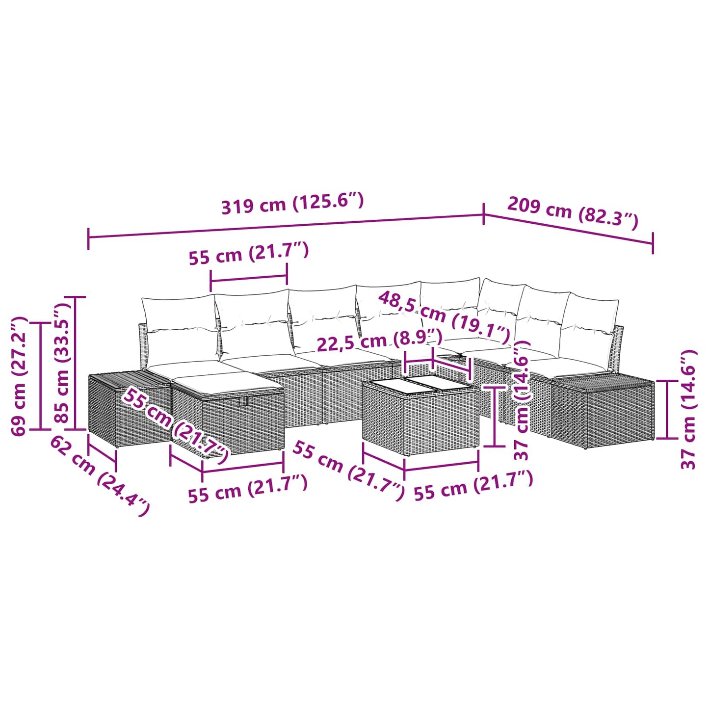 Set Divano da Giardino con cuscino 9 pcs Marrone polyrattan