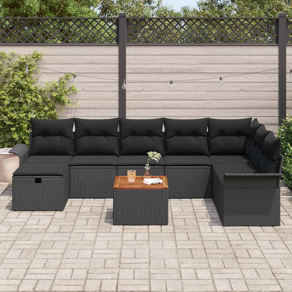 Set Divano da Giardino con cuscino 9 pcs Nero polyrattan | homemem39