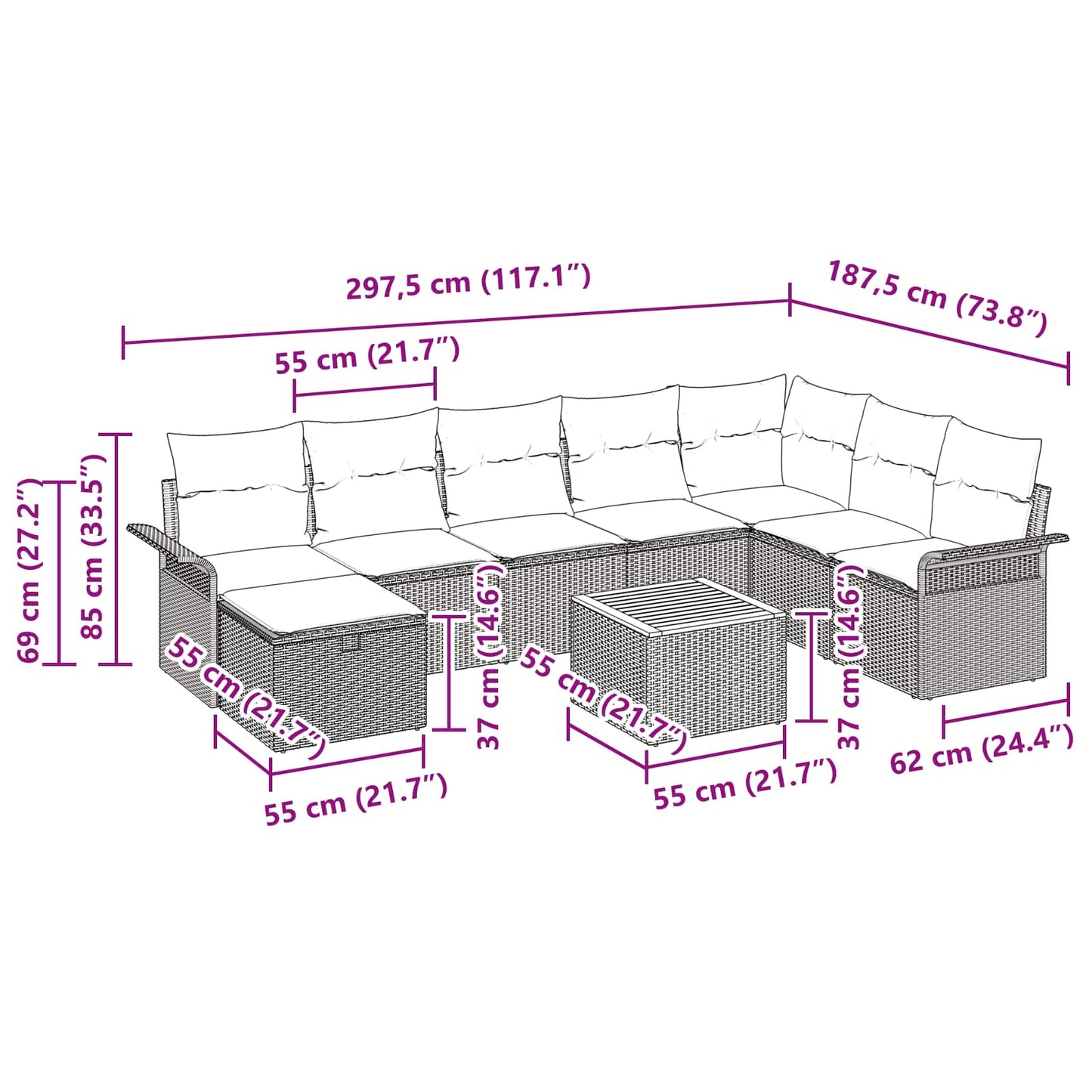 Set Divano da Giardino con cuscino 9 pcs Nero polyrattan