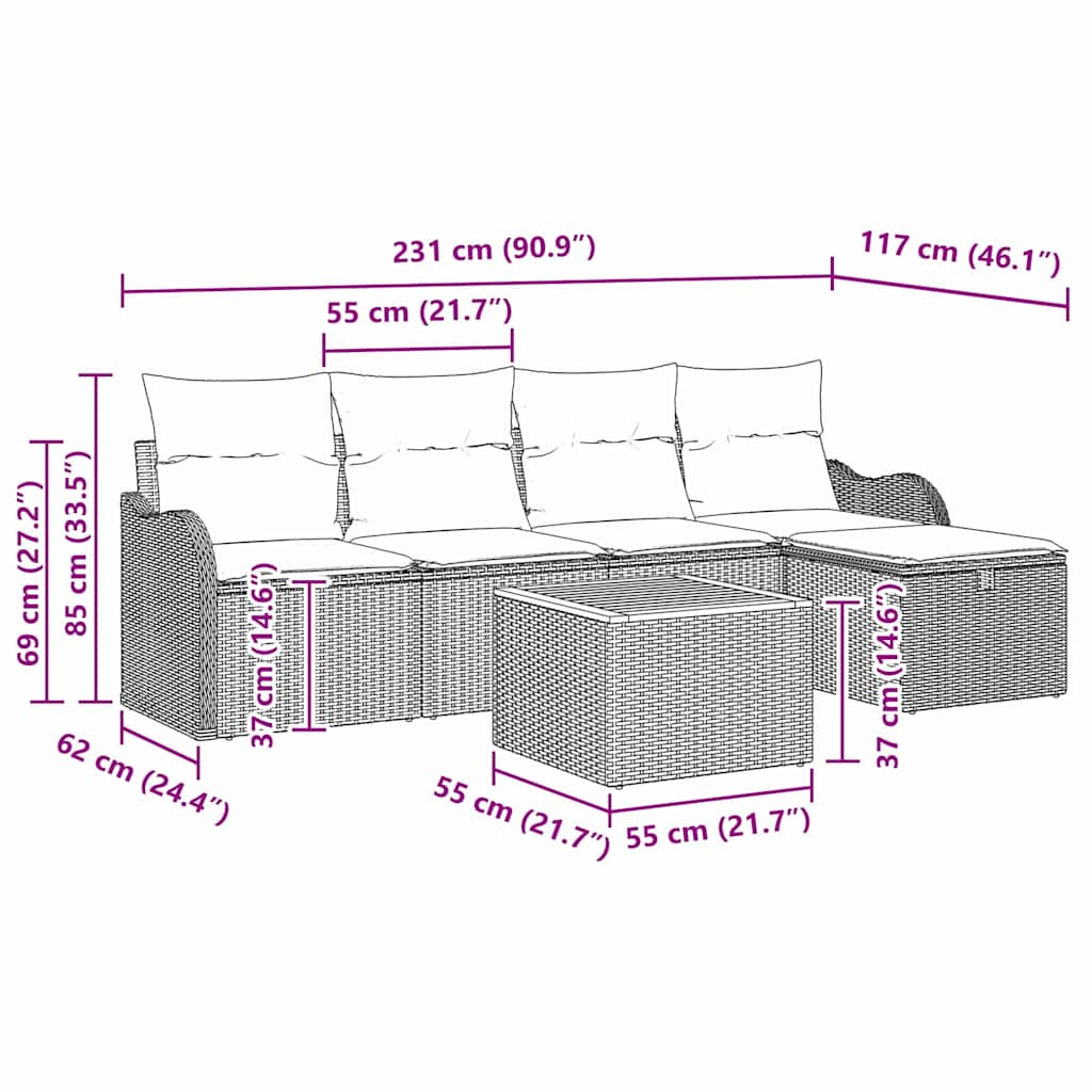 Set Divano da Giardino con cuscino 6 pcs Nero Poly Rattan - homemem39