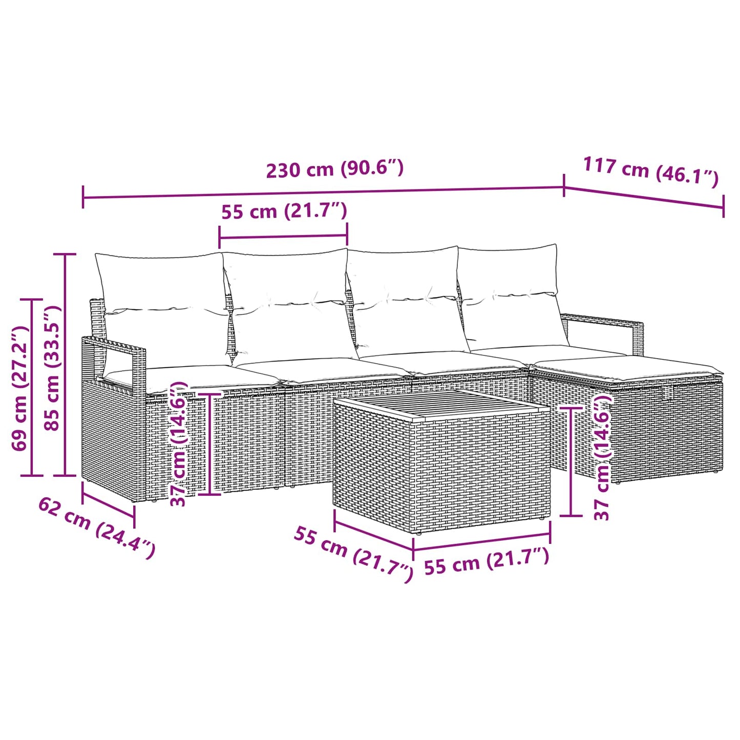 Set Divano da Giardino con cuscino 6 pcs Nero polyrattan | homemem39