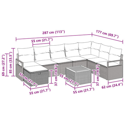 Set Divano da Giardino con cuscino 9 pcs Grigio polyrattan