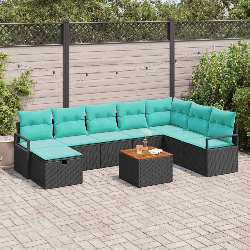 Set Divano da Giardino con cuscino 9 pcs Nero polyrattan | homemem39