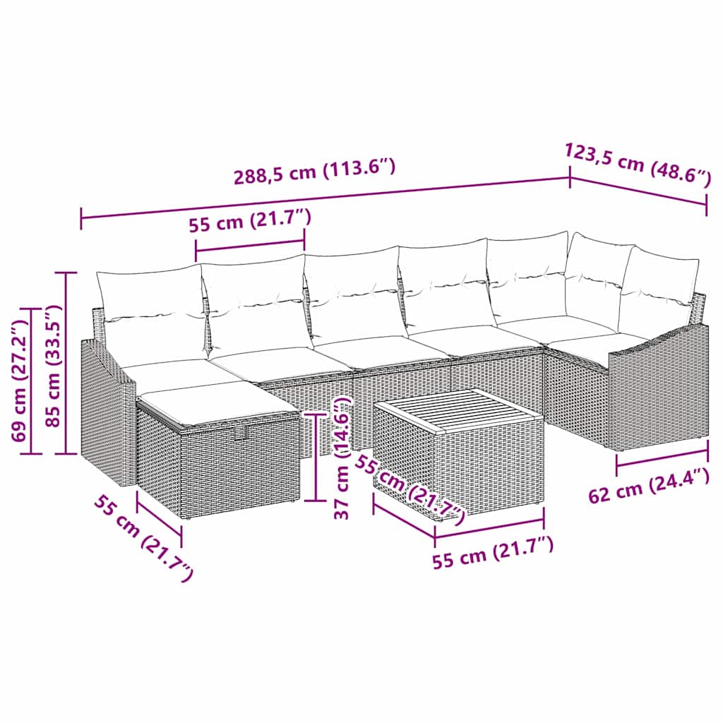 Set Divano da Giardino con cuscino 8 pcs Nero polyrattan