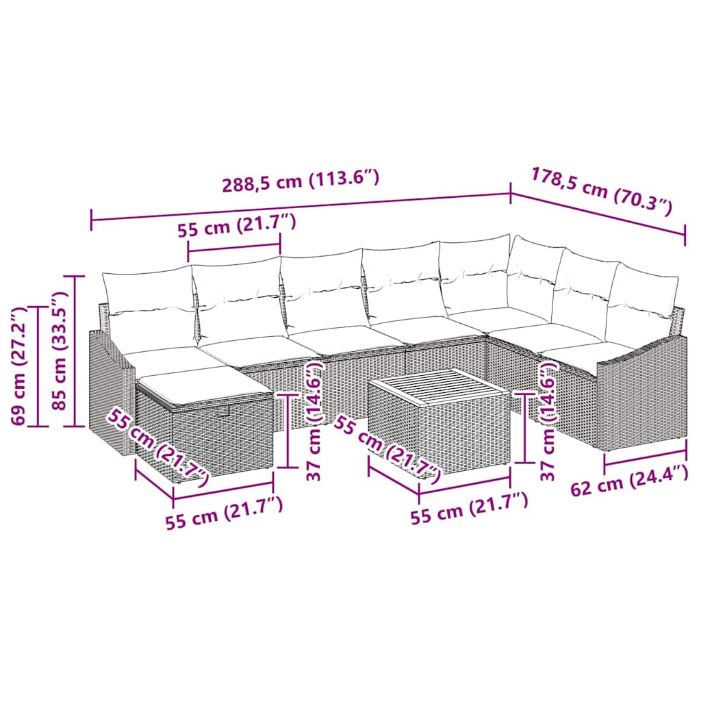 Set Divano da Giardino con cuscino 9 pcs Beige polyrattan