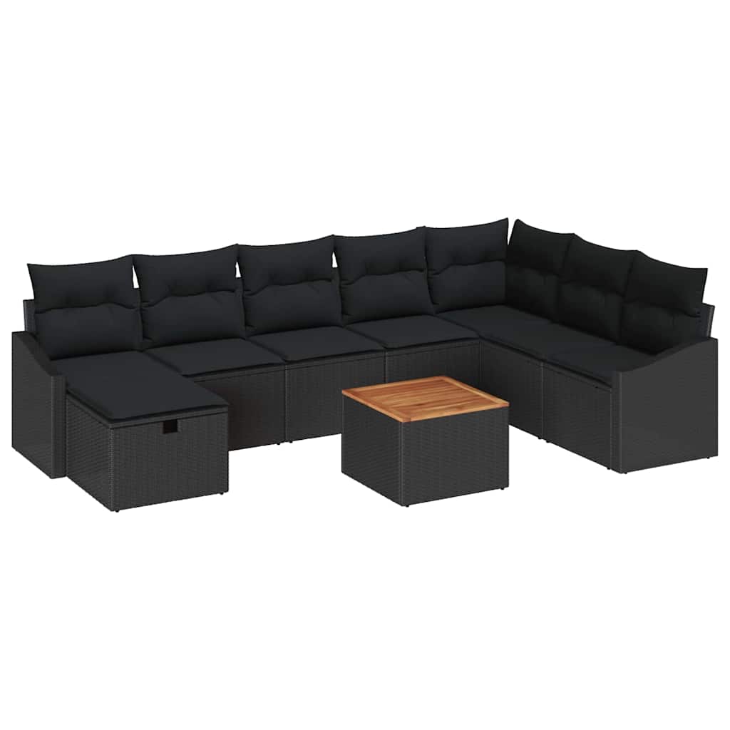 Set Divano da Giardino con cuscino 9 pcs Nero polyrattan | homemem39