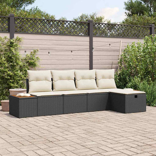 Set Divano da Giardino con cuscino 5 pcs Nero Poly Rattan - homemem39