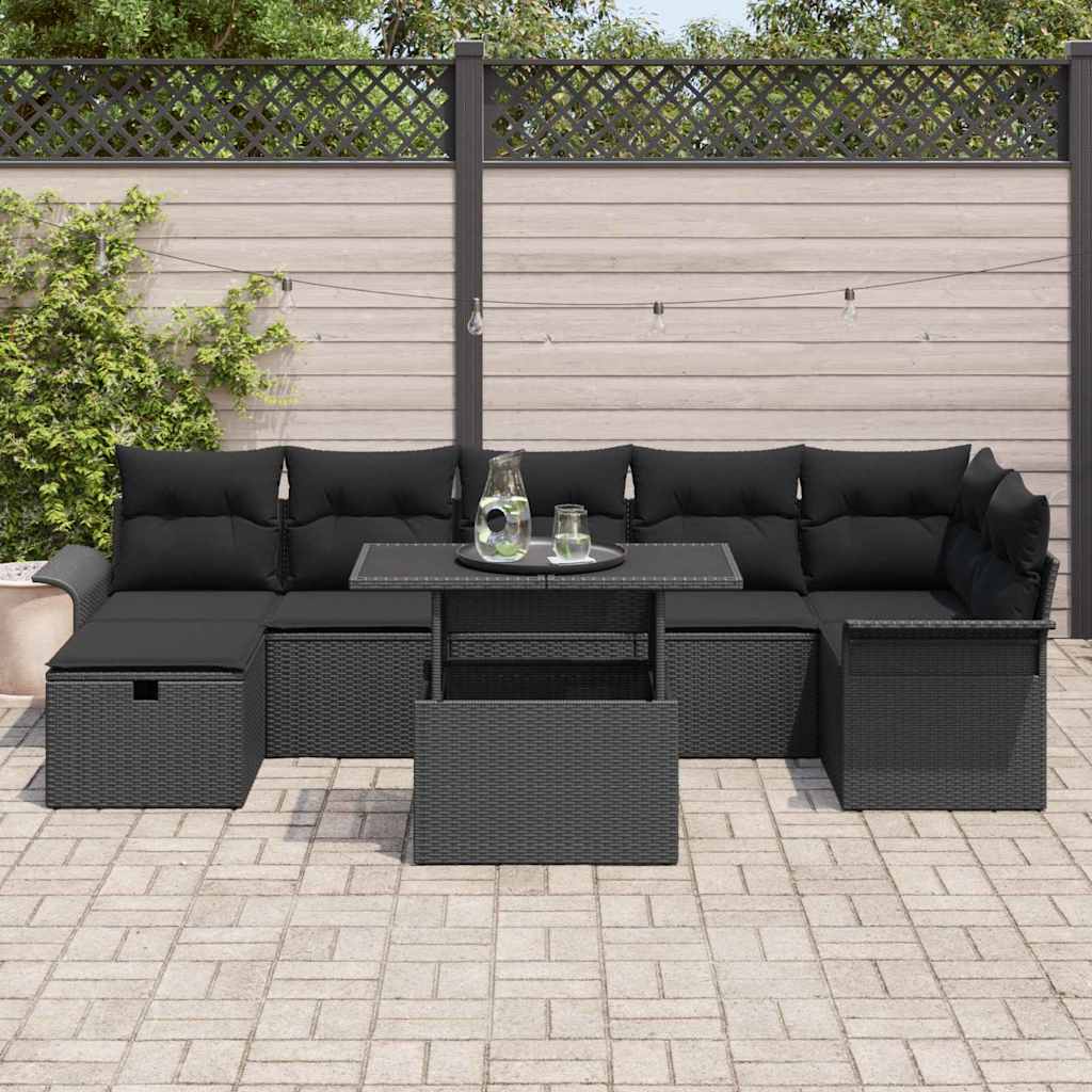 Set Divano da Giardino con cuscino 8 pcs Nero Poly Rattan | homemem39