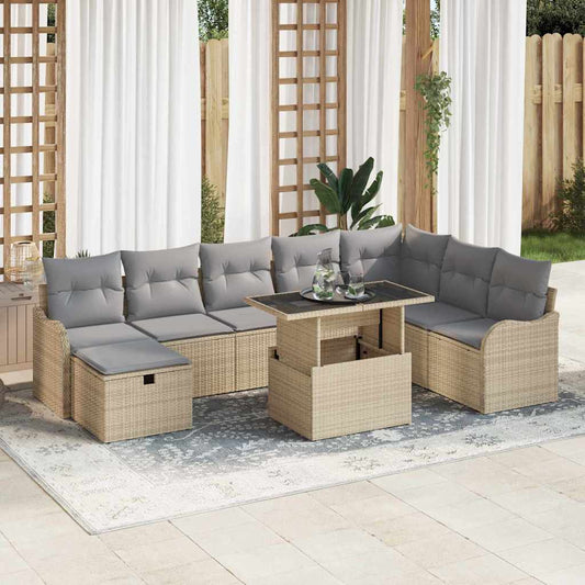 Set Divano da Giardino con cuscino 9 pcs Beige Poly Rattan - homemem39