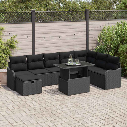 Set Divano da Giardino con cuscino 9 pcs Nero Poly Rattan | homemem39