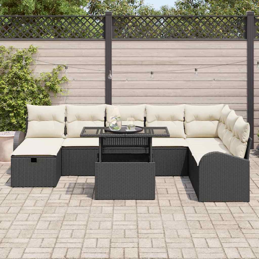 Set Divano da Giardino con cuscino 9 pcs Nero Poly Rattan - homemem39