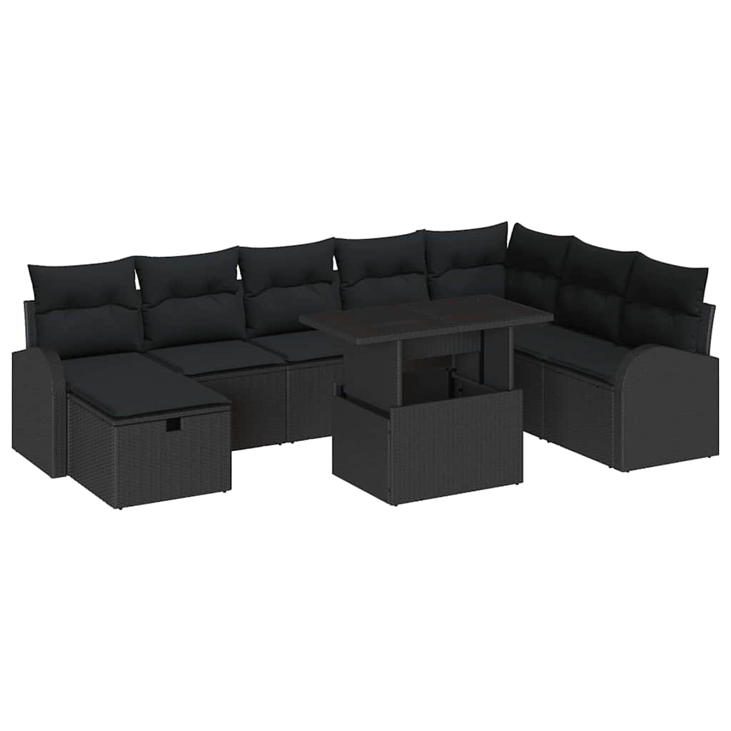 Set Divano da Giardino con cuscino 9 pcs Nero Poly Rattan | homemem39