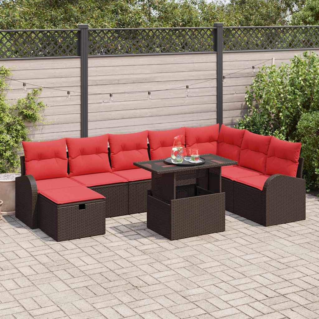 Set Divano da Giardino con cuscino 9 pcs Marrone Poly Rattan