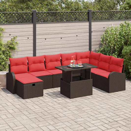 Set Divano da Giardino con cuscino 9 pcs Marrone Poly Rattan