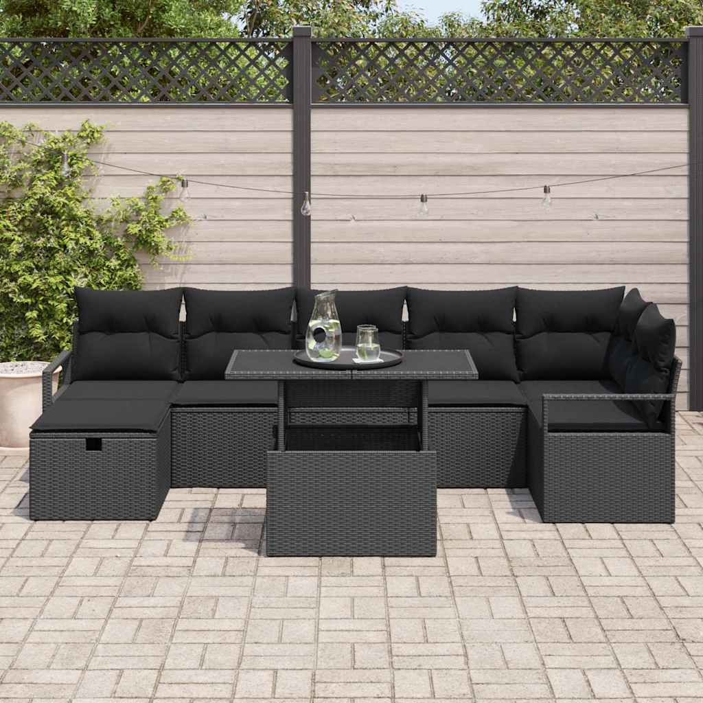 Set Divano da Giardino con cuscino 8 pcs Nero Poly Rattan | homemem39
