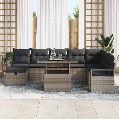 Set Divano da Giardino con cuscino 9 pcs Grigio Poly Rattan