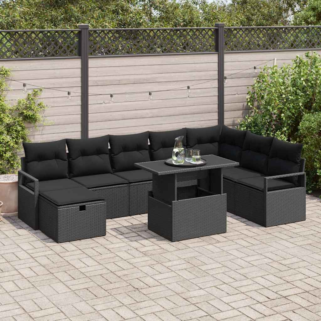 Set Divano da Giardino con cuscino 9 pcs Nero Poly Rattan | homemem39