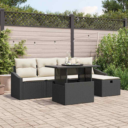Set Divano da Giardino con cuscino 6 pcs Nero Poly Rattan | homemem39