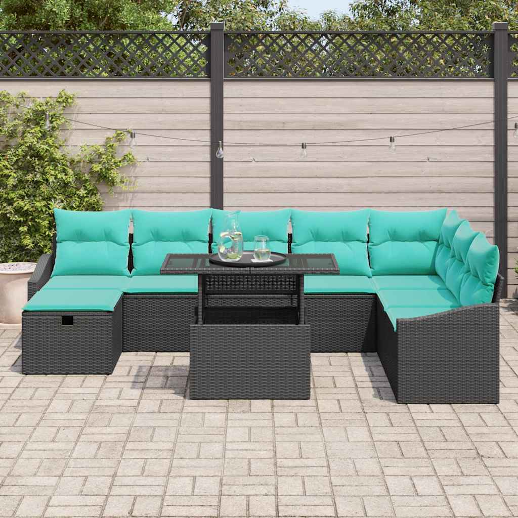 Set Divano da Giardino con cuscino 9 pcs Nero Poly Rattan | homemem39