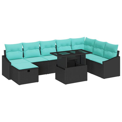 Set Divano da Giardino con cuscino 9 pcs Nero Poly Rattan | homemem39