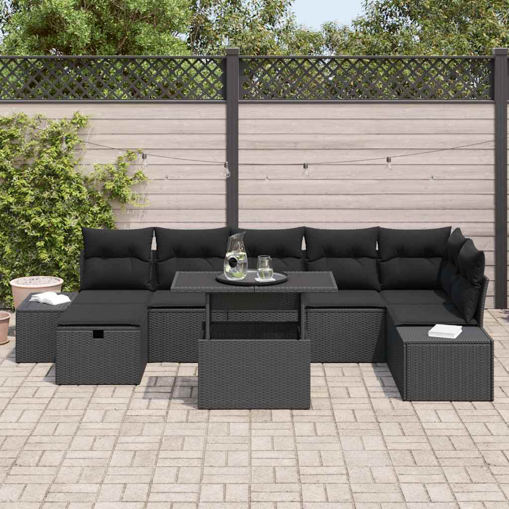Set Divano da Giardino con cuscino 8 pcs Nero Poly Rattan | homemem39