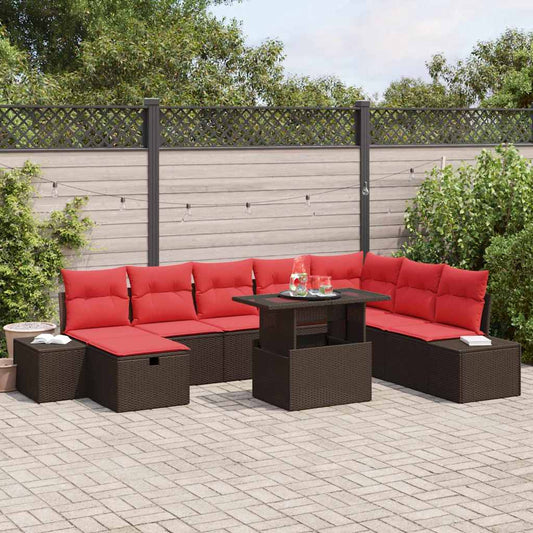 Set Divano da Giardino con cuscino 9 pcs Marrone Poly Rattan