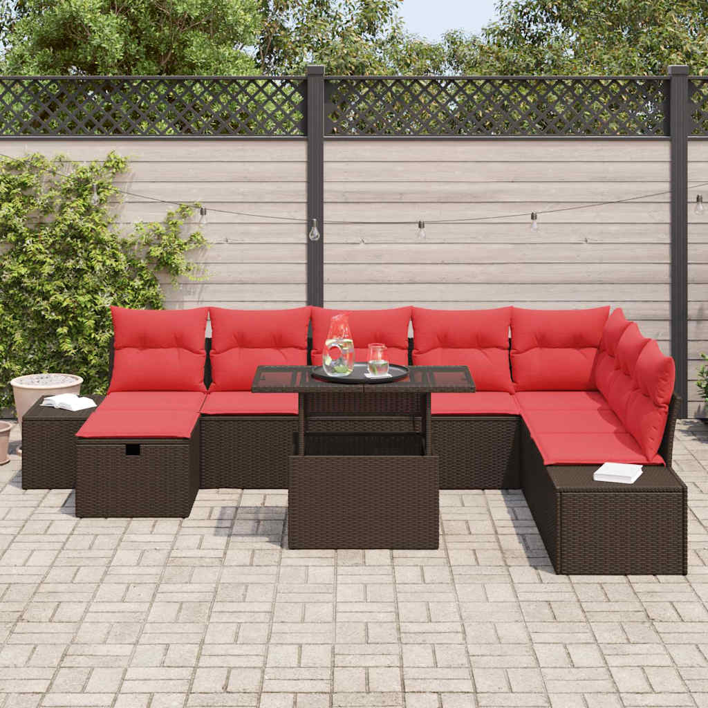 Set Divano da Giardino con cuscino 9 pcs Marrone Poly Rattan | homemem39