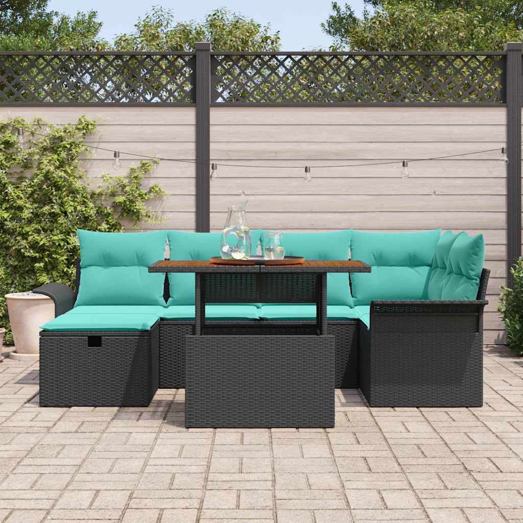 Set Divano da Giardino con cuscino 7 pcs Nero polyrattan