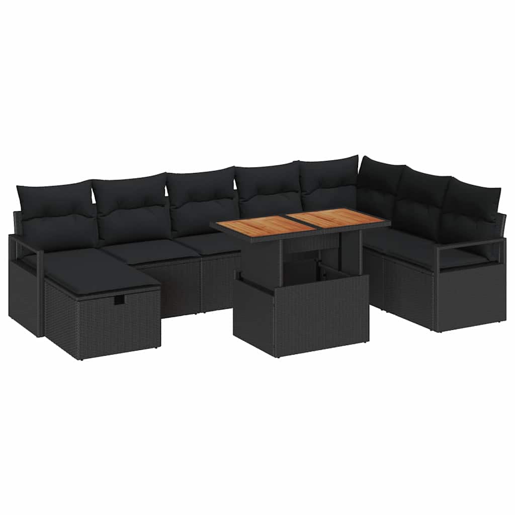 Set Divano da Giardino con cuscino 9 pcs Nero polyrattan | homemem39