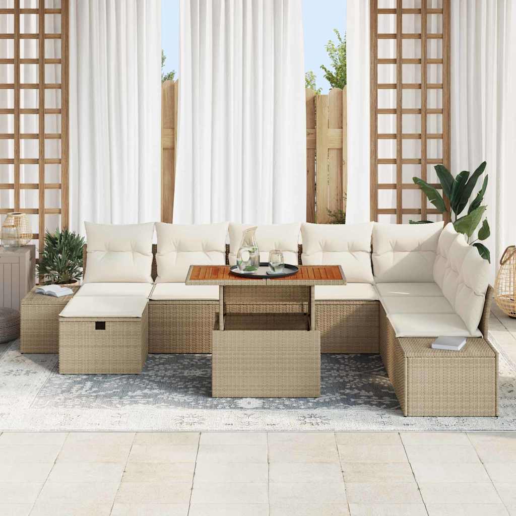 Set Divano da Giardino con cuscino 9 pcs Beige polyrattan