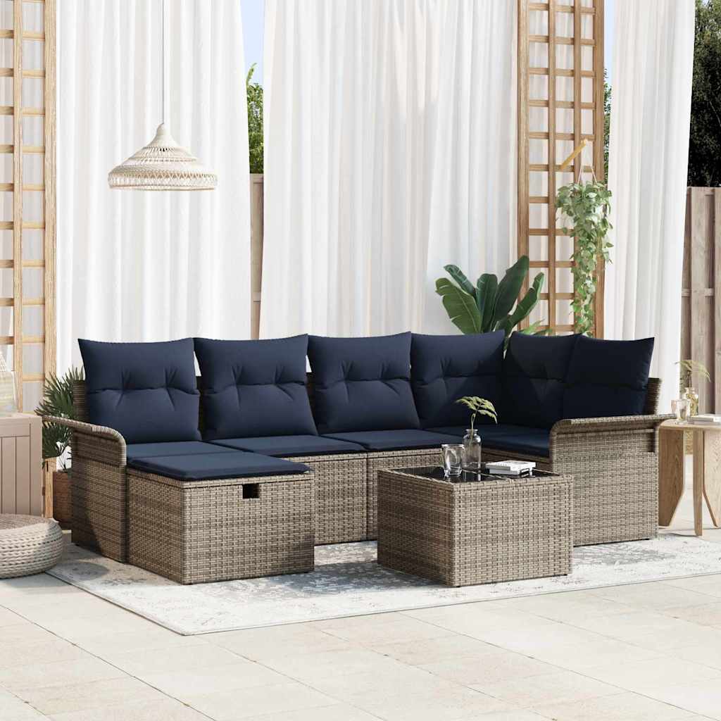 Set Divano da Giardino con cuscino 7 pcs Grigio Poly Rattan