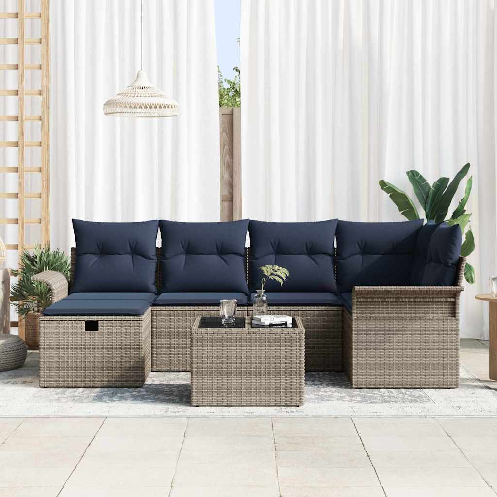Set Divano da Giardino con cuscino 7 pcs Grigio Poly Rattan