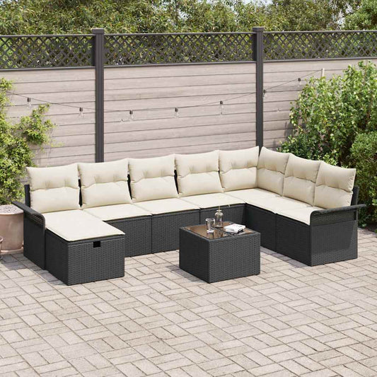 Set Divano da Giardino con cuscino 9 pcs Nero Poly Rattan - homemem39
