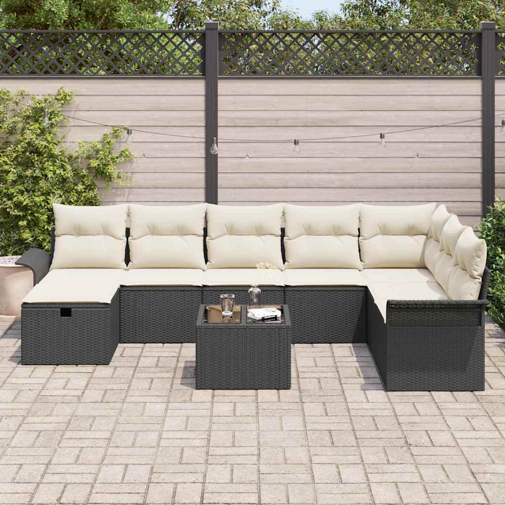 Set Divano da Giardino con cuscino 9 pcs Nero Poly Rattan - homemem39