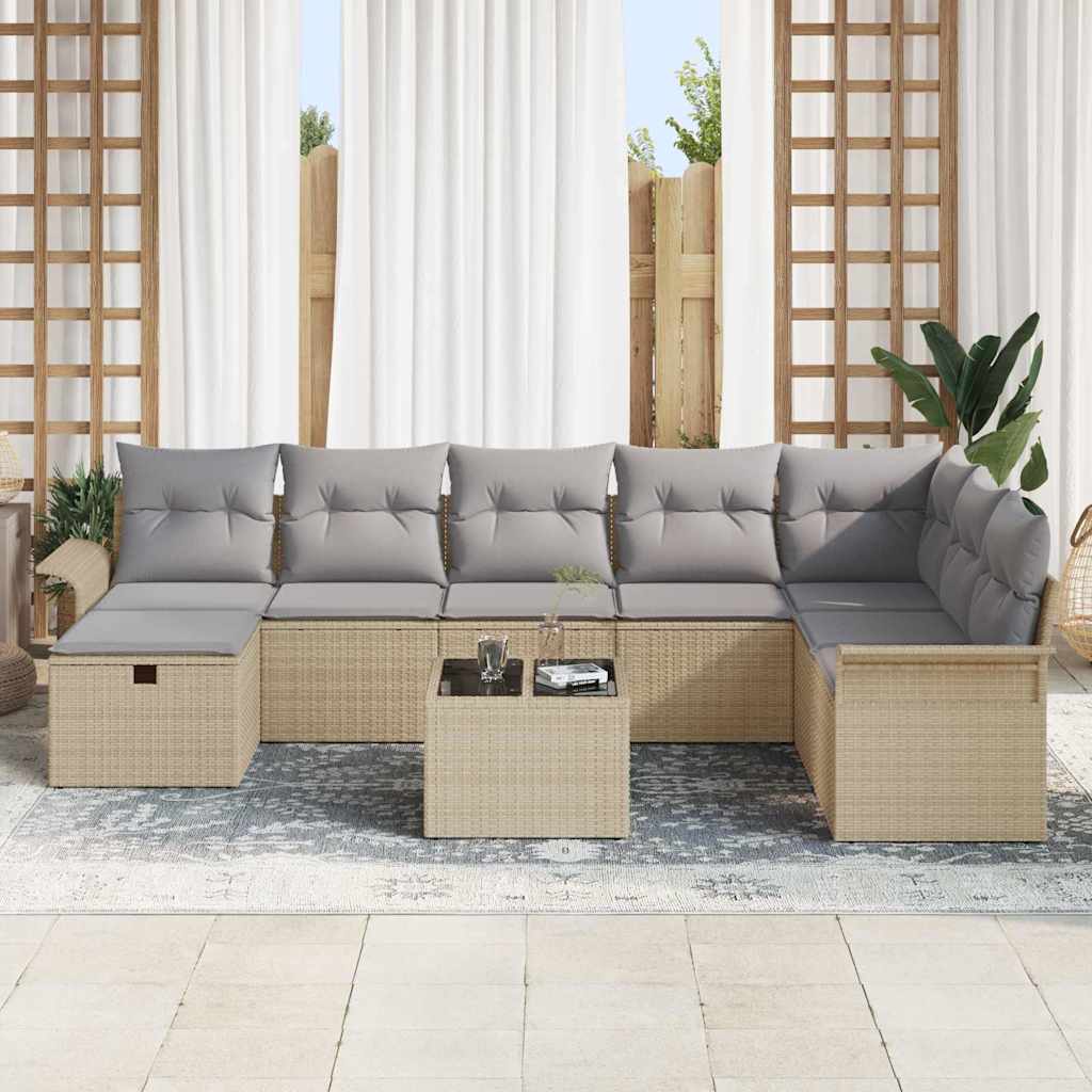Set Divano da Giardino con cuscino 9 pcs Beige Poly Rattan | homemem39
