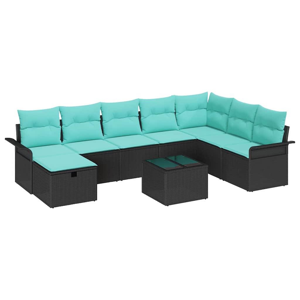 Set Divano da Giardino con cuscino 9 pcs Nero Poly Rattan | homemem39