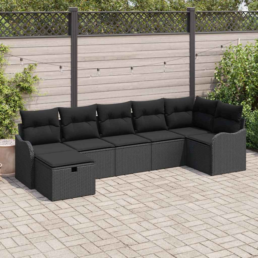 Set Divano da Giardino con cuscino 7 pcs Nero Poly Rattan | homemem39