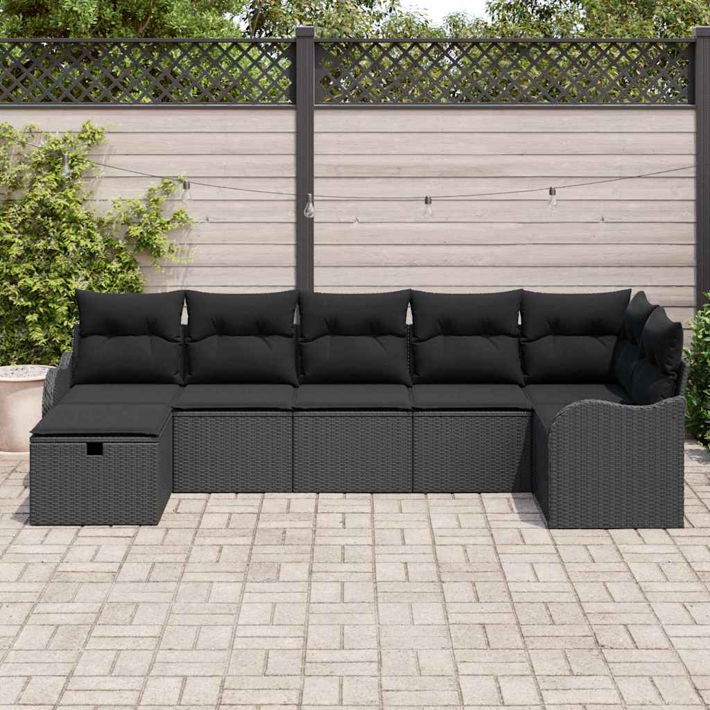 Set Divano da Giardino con cuscino 7 pcs Nero Poly Rattan | homemem39