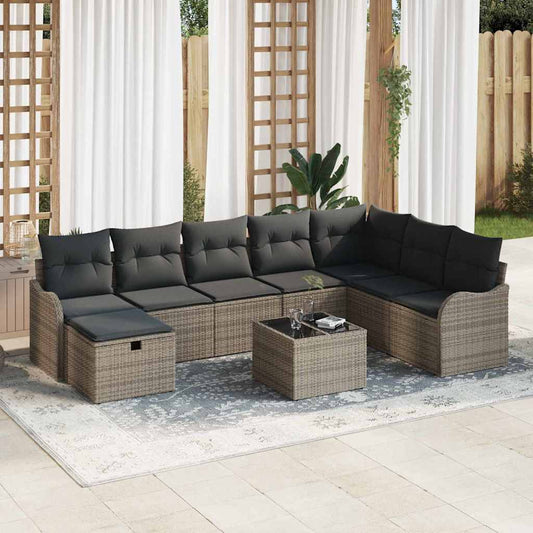 Set Divano da Giardino con cuscino 9 pcs Grigio Poly Rattan
