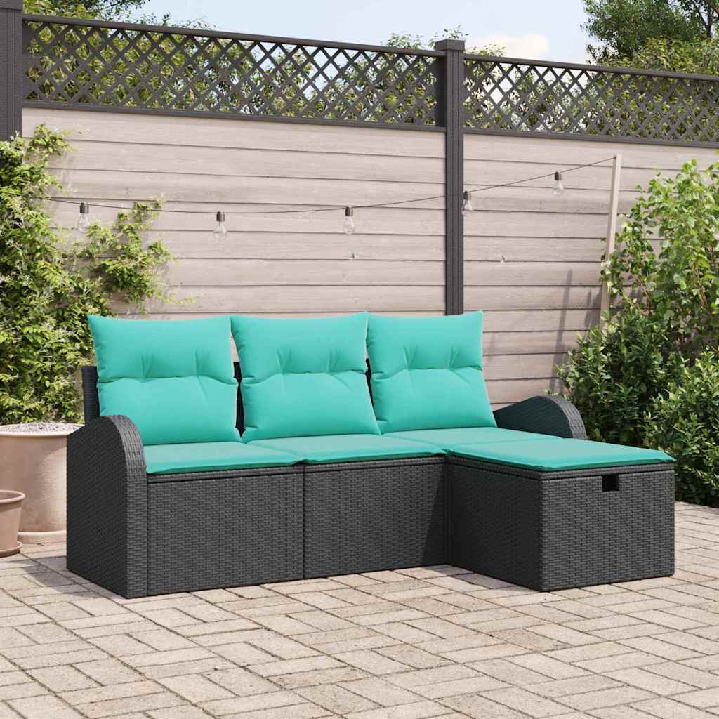 Set Divano da Giardino con cuscino 4 pcs Nero polyrattan | homemem39