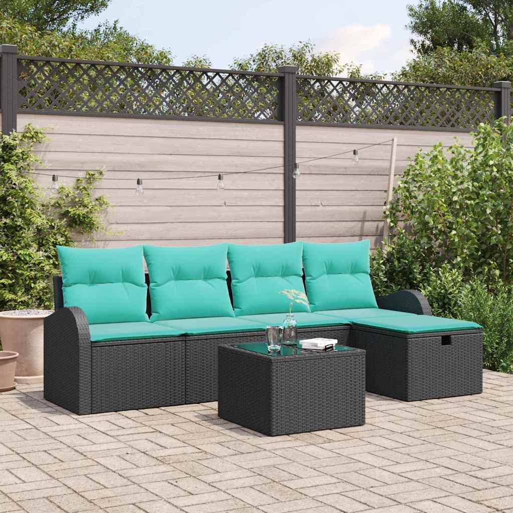 Set Divano da Giardino con cuscino 6 pcs Nero Poly Rattan | homemem39