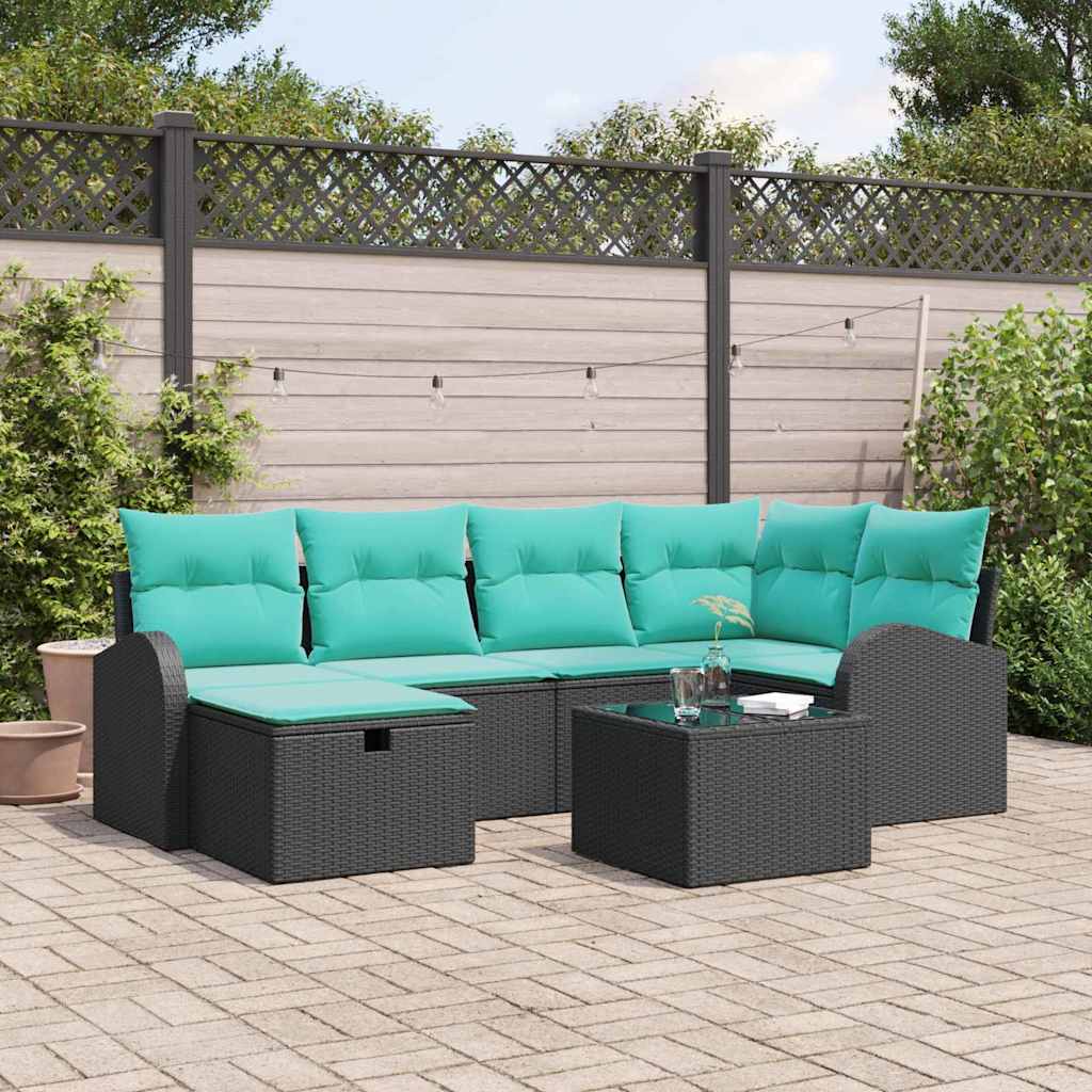 Set Divano da Giardino con cuscino 7 pcs Nero Poly Rattan | homemem39