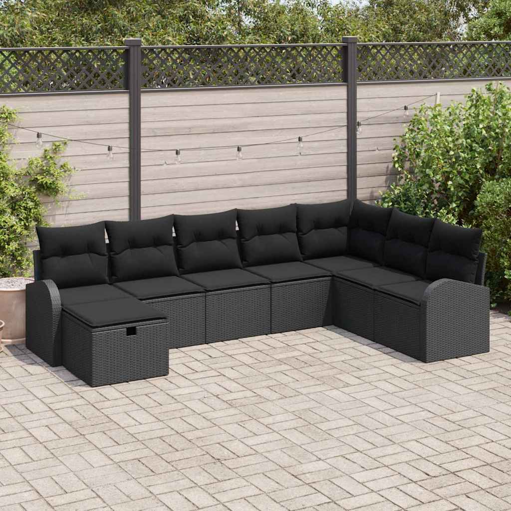 Set Divano da Giardino con cuscino 8 pcs Nero Poly Rattan | homemem39