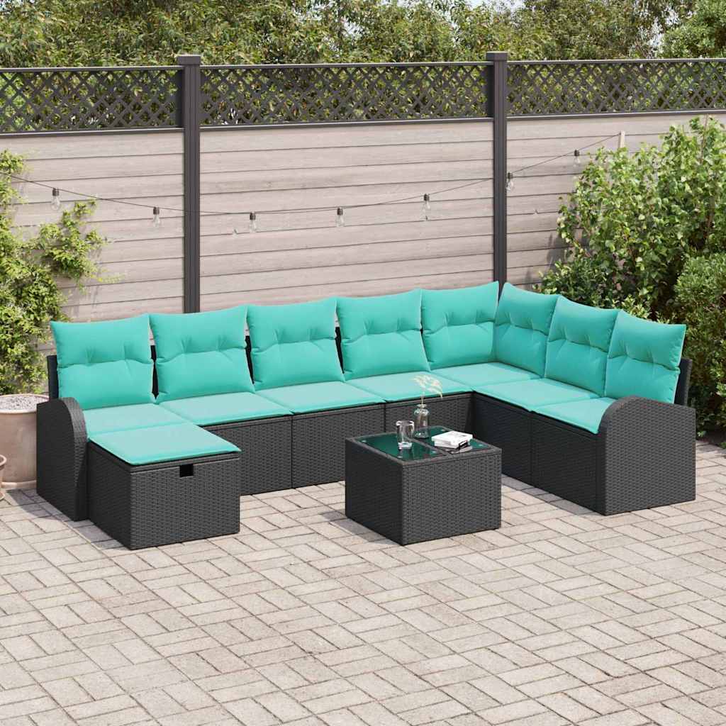 Set Divano da Giardino con cuscino 9 pcs Nero Poly Rattan | homemem39