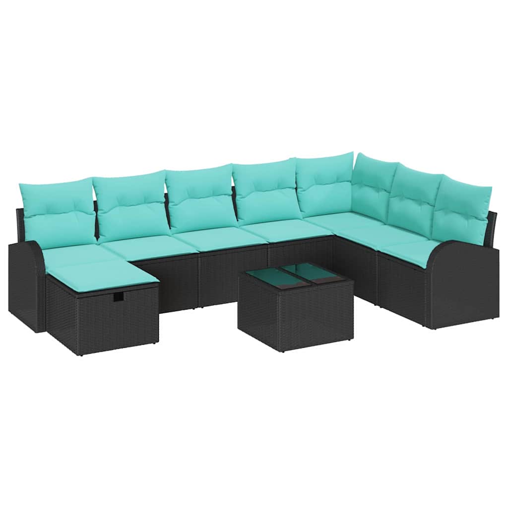 Set Divano da Giardino con cuscino 9 pcs Nero Poly Rattan | homemem39