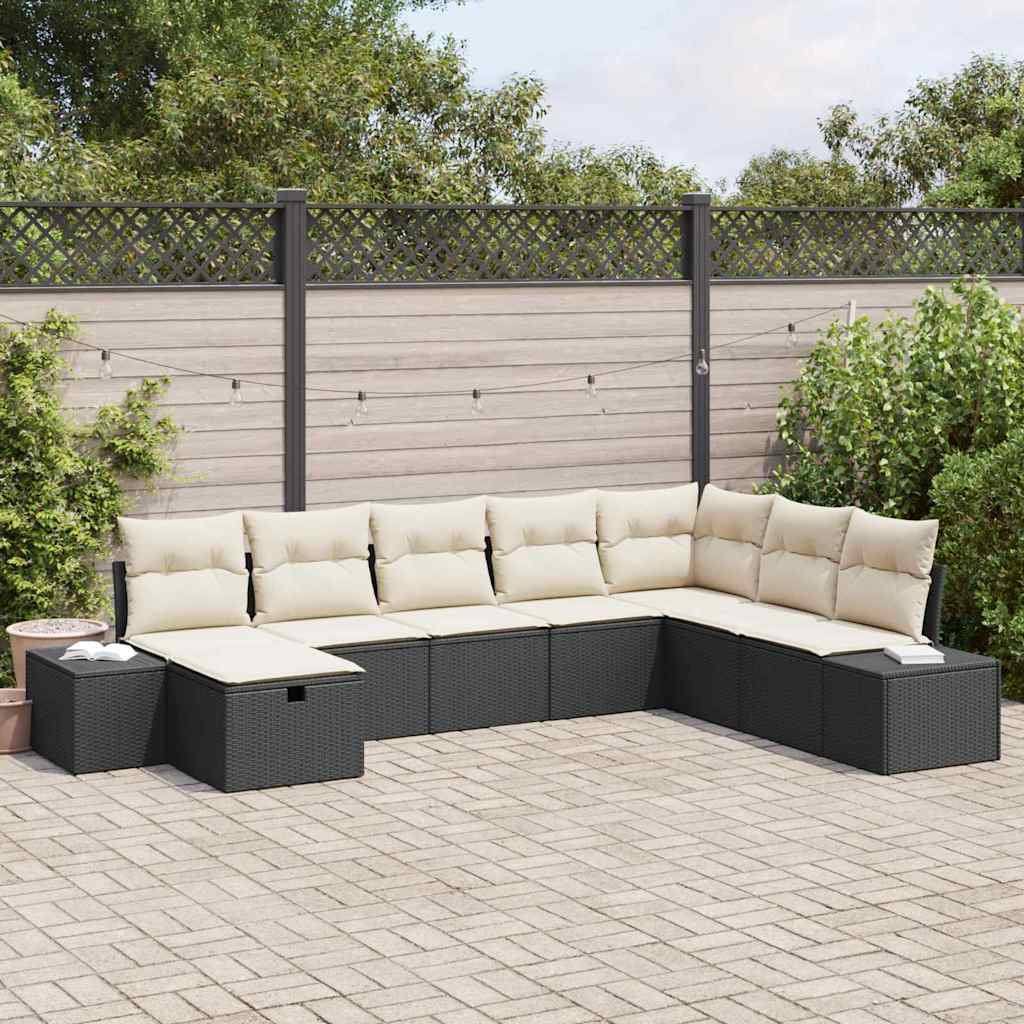 Set Divano da Giardino con cuscino 8 pcs Nero Poly Rattan | homemem39