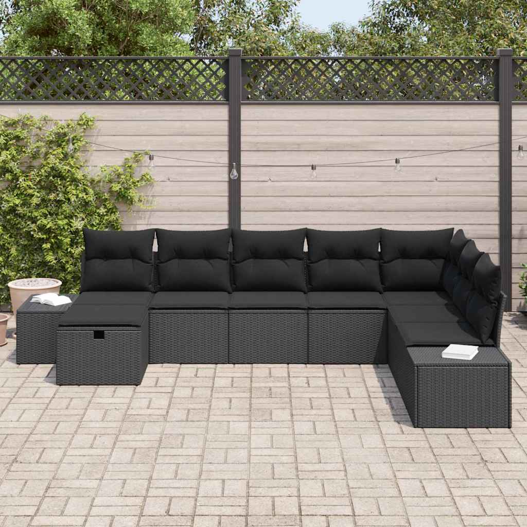 Set Divano da Giardino con cuscino 8 pcs Nero Poly Rattan | homemem39